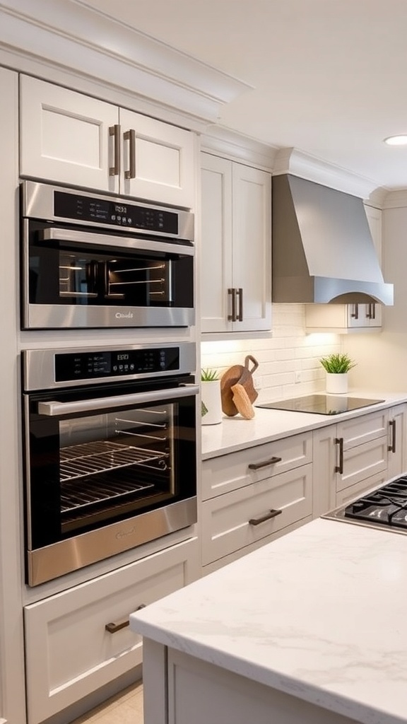 A modern kitchen with two built-in ovens, a central island, and ample counter space.